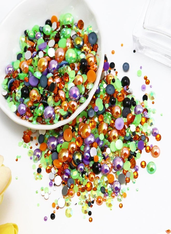 Briskbloom 60g Mix Pearls and Rhinestones for Crafts, 3620PCS 2mm-10mm Flatback for Nails Face Art Tumblers, Halloween Jelly Rhinestones and Half Pearls, Orange|Black|Green|Purple - Image 3